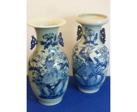 A matched pair of 19th Century Chinese porcelain Vases, each hand decorated in underglaze blue with various birds amongst fol