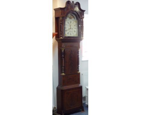 A large mid-19th century figured mahogany cased eight-day Longcase Clock, the swan-neck pediment above a 14" enamel dial with