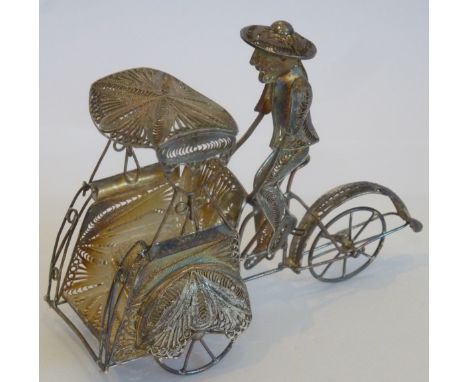 A Chinese silver (marked 925) silver filigree Rickshaw and Rider, 8cm long 