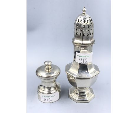 Hallmarked silver sugar sifter Birmingham 1933 &amp; a pepper grinder london 1985 6 ozt all in 