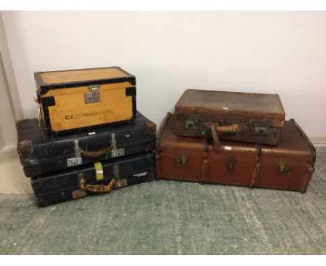 3 Revelation blue suitcases, school trunk, tuck box &amp; leather suitcase, prewar leather hat box complete with 9 prewar hat