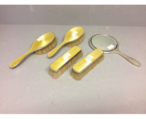 Silver &amp; yellow guilloche enamel 5 piece dressing table set ( 2 hair brushes, 2 clothes brushes &amp; hand mirror) 