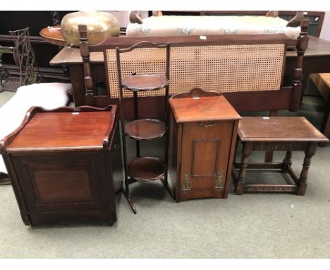 Cake stand, coal box, wooden stool, nest of tables (3) bed head, square table, pie crust wine table &amp; box commode 