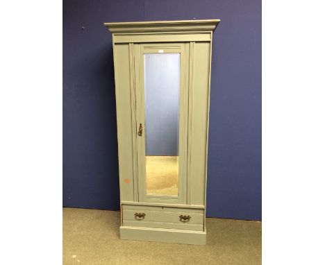 Small green painted single mirrored door wardrobe with hanging rail &amp; bottom drawer 186 x 43 x 76cm 