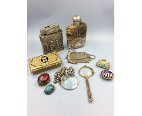 White metal items to include table lighter, hip flask, gilt box &amp; other items 