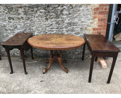 Mahogany fold over tea table 90 cm &amp; an oval loo table with inline decoration &amp; small mahogany gate leg table 