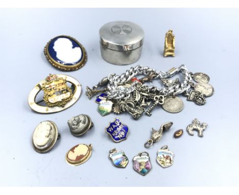 White metal charm bracelet with sterling silver charms &amp; sterling silver pill box &amp; yellow metal &amp; enamel brooch 