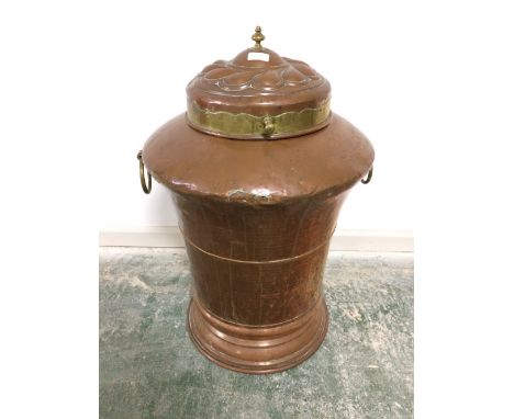 Antique copper circular milk churn with brass band lid &amp; finial 70 cm 