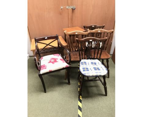 4 Modern stick back chairs, 1 dining carver, 2 bedside tables &amp; modern pine table 61 x 71 cm etc 