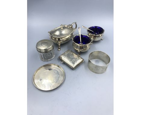 Hallmarked silver mustard pot with glass liner London 1926, 2 salt cellars &amp; blue glass liners, napkin ring, drink coaste