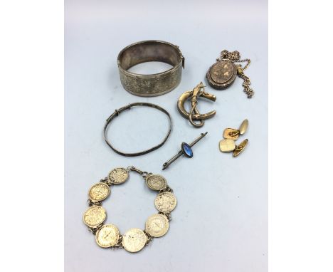 Collection of silver &amp; white metal items to include chased bangle, locket etc 