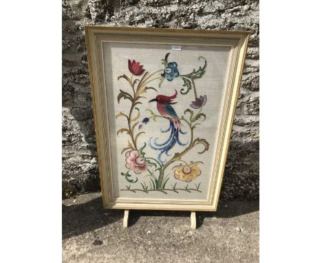 Firescreen with cream painted surround 96 cm &amp; tapestry work of an exotic bird on foliage 