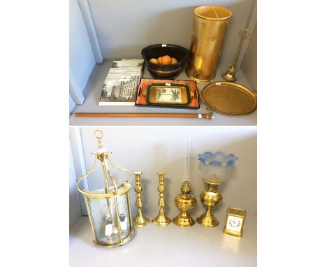 Pair of brass candlesticks (30cm), a small brass oil lamp with original shade (39cm) &amp; another, brass glazed porch light,