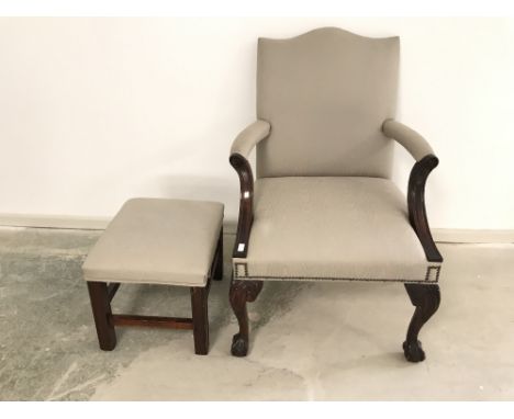 Mahogany Gainsborough style armchair with cabriole legs to ball &amp; claw feet &amp;  foot stool all upholstered in light pi