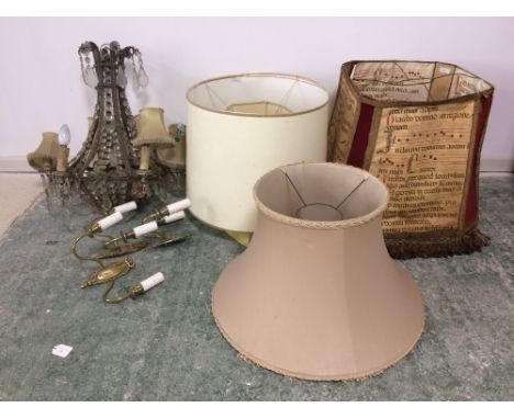Early C20th chandelier, 3 brass wall lights &amp; 3 standard lampshades 
