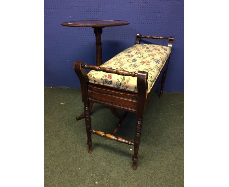 Small mahogany pedestal table with oval top 55 x 41 x 71 cm, &amp; duet piano stool with music storage opening padded seat 