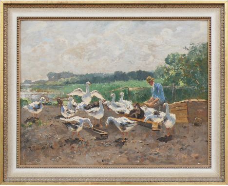 Poschinger, Richard von (1839 - 1915)"Bauer beim Füttern der Gänse"; am Rand eines Weihers; ÖL/Karton; links unten sign.; ca.