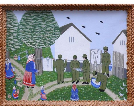 Prochazkova, Ludmila (Slavkov (Tschechien) 1903 - 1984)"Bei der Wäsche im Garten"; ÖL/LW; rechts unten monogr.; ca. 37 x 48 c