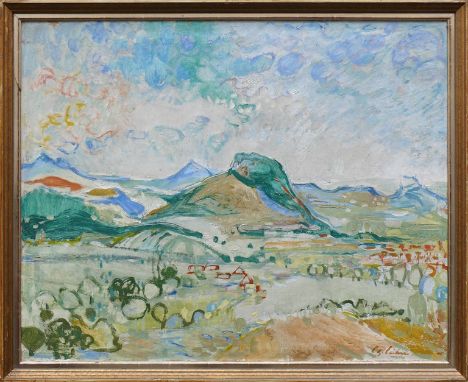 Becker, Curth Georg (Singen 1904 - 1972 Singen)"Hegaulandschaft 1951"; Blick von Osten aus auf die Hegauberge; ÖL/LW; rechts 