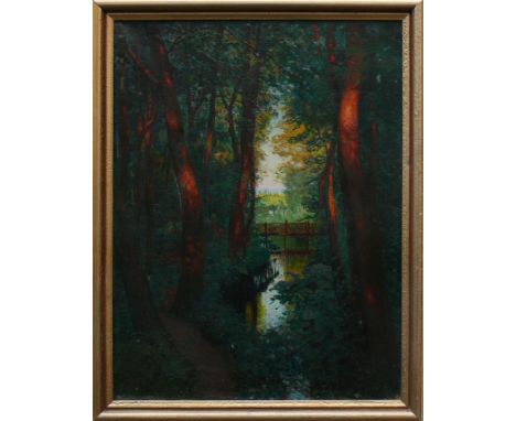 Scherres Alfred (Danzig 1864 - 1924 Berlin)"Im königlichen Park zu Oliva (Oliwa)" in Danzig bei Abendsonne; Waldschneise sonn