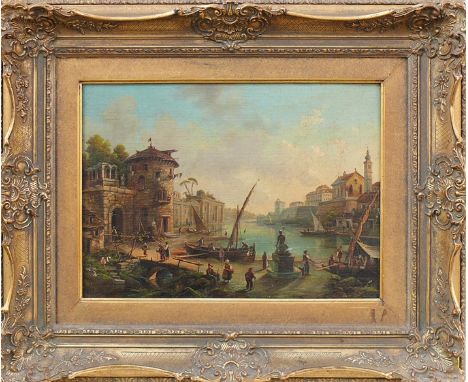 Anonym (19.Jh.)"Blick auf Stadt am Ende eines Flusslaufes"; seitlich jeweils div. Gebäude; im Mittelpunkt vorne vielfigurige 