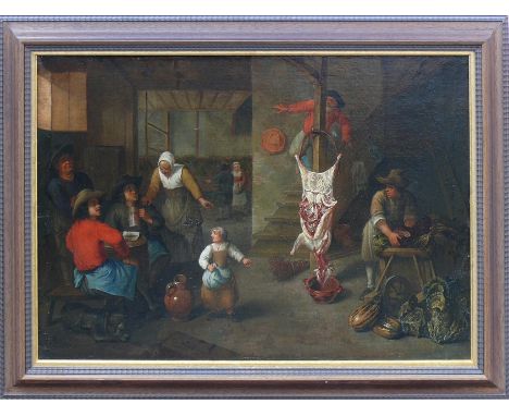 Niederländische Schule/ Helmont&nbsp;(17.Jh.)"Schlachtfest"; im Vordergrund mehrere Männer und Wirtin beim Einschenken; auf d