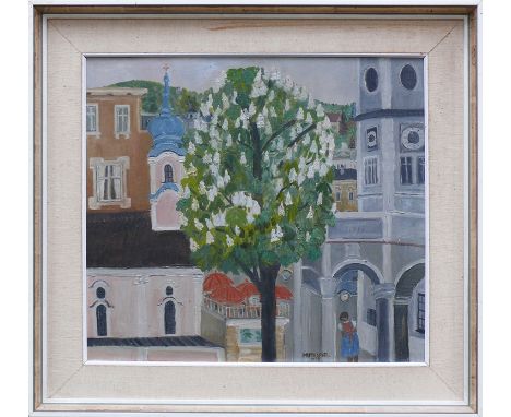 Muthspiel, Agnes (Salzburg 1914 - 1966 Salzburg)"Michaelskirche"; in Salzburg; mittig blühender Kastanienbaum; ÖL/Pavatex; am