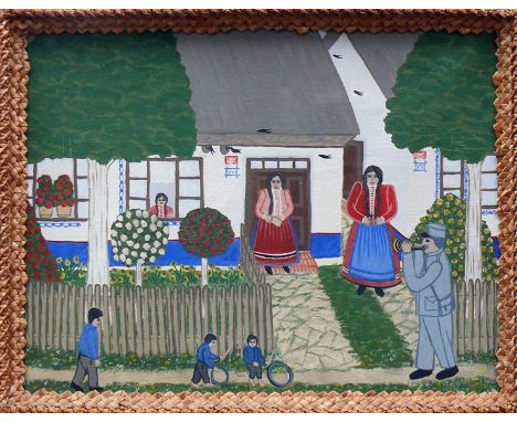 Prochazkova, Ludmila (Slavkov (Tschechien) 1903 - 1984)"Musiker vor Haus"; ÖL/LW; rechts unten monogr.; ca. 37 x 48 cm; R (40