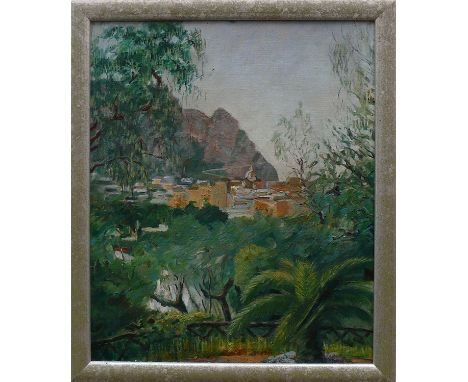 Capri (Anfg. 20.JH.)"Blick über Palmen u. Pinien auf die Ortschaft Capri"; ÖL/Malkarton; links unten schwer leserlich sign., 