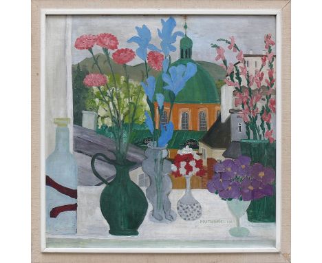 Muthspiel, Agnes (Salzburg 1914 - 1966 Salzburg)"Blumen am Fenster"; ÖL/Pavatex; sign. und dat. 1962; 53,5 x 53,5 cm; R (60,5