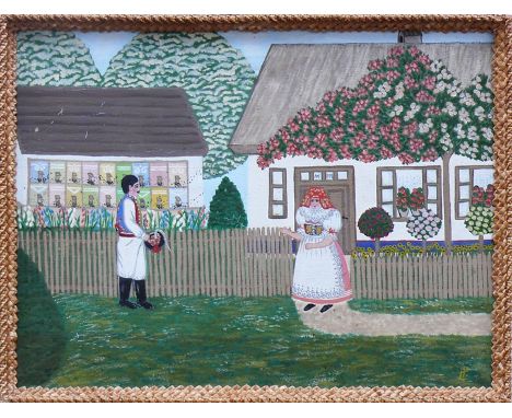 Prochazkova, Ludmila (Slavkov (Tschechien) 1903 - 1984)"Paar vor Häuser"; ÖL/LW; rechts unten monogr.; verso beschriftet und 