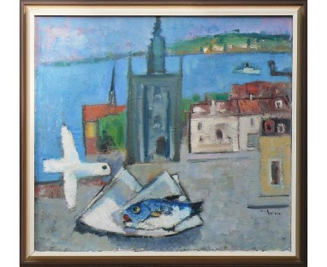 Adam, Otto (Konstanz 1901 - 1973 Konstanz)"Auf dem Münsterplatz in Konstanz"; mit Blick auf den See; aus der Vogelperspektive