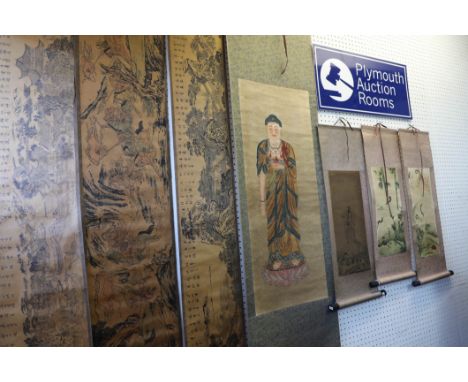 An interesting collection of various Chinese long scroll paintings/prints, various sizes, the longest 4.50 metres.