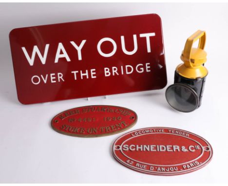 Railwayana, two metal train signs 'Schneider &amp; Cie. Paris' and 'Kerr, Stuart &amp; Co., No. 4451 1930, Stoke-on-Trent', a