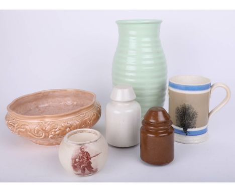 Mocha ware mug, two GPO ceramic pole caps, Denby vase and other china wares