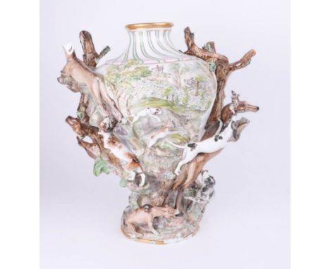 Large 19th Century porcelain ornate vase decorated with hunting dogs and trees (various damage) underglaze cross swords mark 