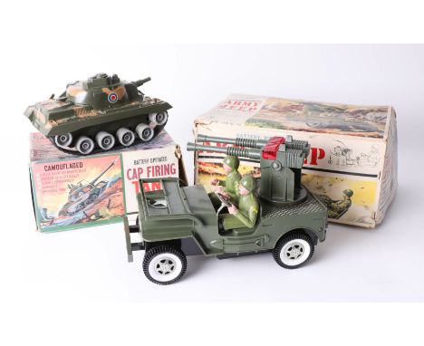 Marx battery operated firing tank model boxed together with a Japanese plastic Army jeep boxed (2)