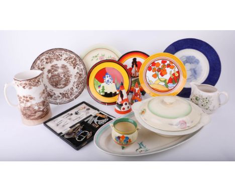 Various ceramics including replica Clarice Cliff including conical sifters, Crocus, jam pot, tureen and various other items.