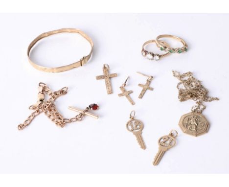 A small collection of 9ct gold jewellery including bangle, approx 14gms