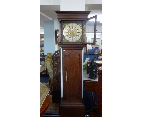 AAn oak 8 day longcase clock by John Belling of Bodmin, with bell strike movement, silvered and brass 10 inch dial with date 