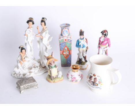 Collection of various modern porcelain military figures, ornamental ceramics and commemorative 1977 Jubilee tankard etc.