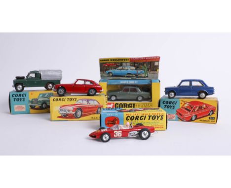 Collection of four models including Corgi 438 Land Rover, 327 MG B GT, 154 Ferrari, 251 Hillman Imp and 275 Rover 2000 (5).