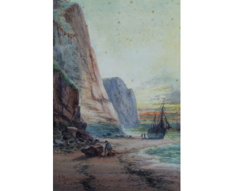 F Hider (1861-1933).  Seascape, fisherman and boat beside rocks, watercolour, signed, 37cm x 26cm.