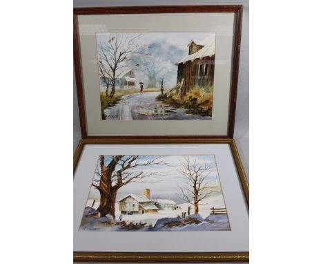 R J Peppiatt (20thC).  A figure on a path aside cottage and snow scene cottage and trees, watercolour, signed, 29cm x 36cm (a