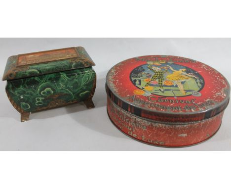 A W&R Jacob & Co Cream Cracker tin, in a form of a tea caddy, the green marble finish lid set with a raised castle motif on s