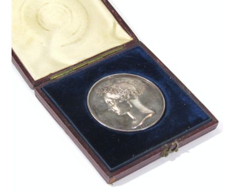 A 19thC silver medallion, Her Royal Highness the Princess Victoria, cased and labelled Storr & Mortimer, 3.5cm dia. 