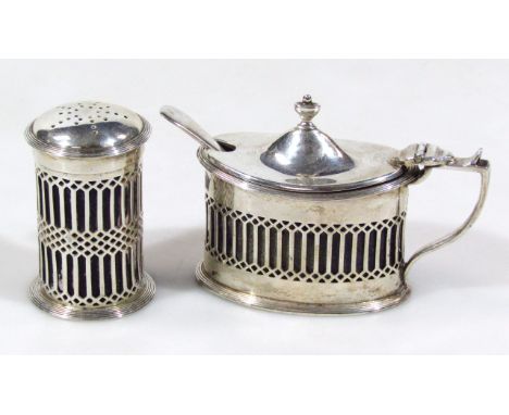 A George V silver two piece cruet set, by Haseler & Haseler, comprising mustard pot and pepper pot, of part pierced outline, 