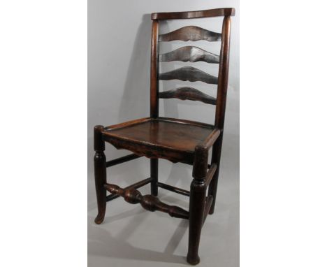A 19thC ash and elm chair, with serpentine bar top, ladder back, moulded seat, cylindrical front supports on turned heavy fro