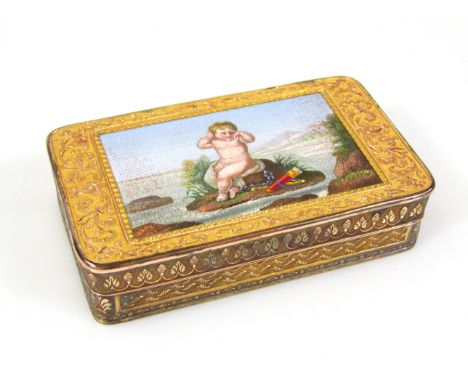 A George III bi-colour metal and micro-mosaic box, with a landscape panel to the lid depicting a perplexed cupid, chained to 