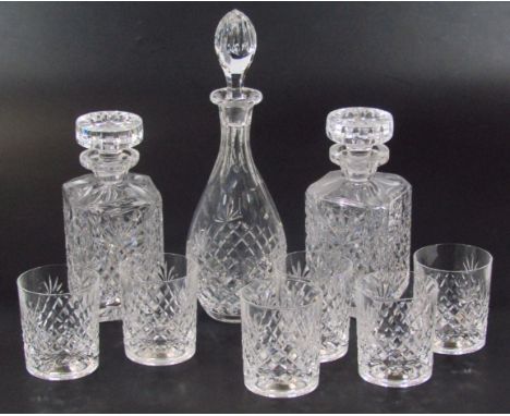 Various 20thC crystal glassware, comprising a pair of decanters, each with compressed stoppers, 23cm high, a further decanter